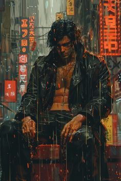 a painting of a man sitting on a chair in the rain with his shirt off