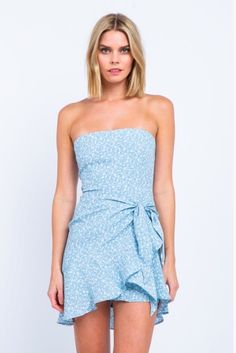 Cute Blue Floral Print Dress - Strapless Mini Dress | Bohopinl One-shoulder Tube Top For Date Night Summer, Fitted Tube Top For Brunch, Strapless Ruffles Dress With Sweetheart Neckline For Brunch, Strapless Ruffled Dress With Sweetheart Neckline For Brunch, Strapless Sweetheart Neckline Dress With Ruffles For Brunch, Spring Strapless Mini Dress In Flirty Style, Spring Strapless Mini Dress With Flirty Style, Spring Strapless Flirty Mini Dress, Spring Bandeau Mini Dress For Date Night