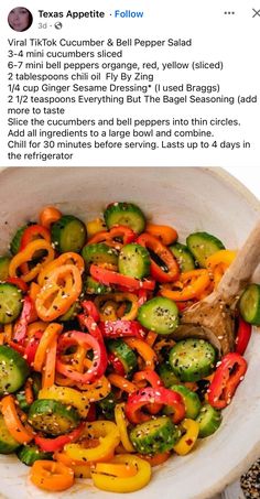 a white bowl filled with sliced bell peppers and jalapenos next to a wooden spoon