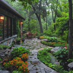 a stone path leads to a house in the woods