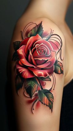 Mexican Rose Tattoo, Tattoo Ideas Mexican, Coloured Rose Tattoo, Colorful Rose Tattoos, American Traditional Rose, Rose Tattoo On Arm