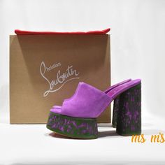 Upper: Suede Lining: Leather Sole: Leather Insole And Sole Open Toe Made In Italy Luxury Purple Leather Sandals, Open Toe Party Heels With Rubber Sole, Open Toe Evening Heels With Rubber Sole, Designer Suede Heels For Summer, Purple Suede, Louboutin Shoes, Christian Louboutin Shoes, Platform Sandals, Women's Shoes Sandals