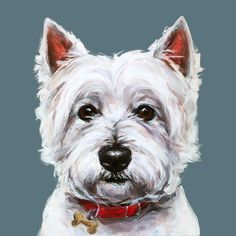 a painting of a white dog with a red collar