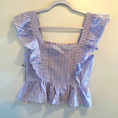 Beautiful Purple And White Striped Blouse, Never Worn And In Perfect Condition. Flower Detail Along Collar And Bottom. Striped Summer Top For Brunch, Summer Striped Tops For Brunch, Summer Striped Tops With Ruffles, Striped Cotton Tops For Brunch, Cotton Striped Tops For Brunch, Flower Detail, Purple And White, Striped Blouse, Color Purple