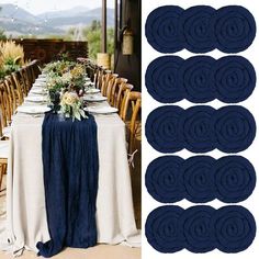 the table is set up with navy blue linens and place settings for an outdoor dinner