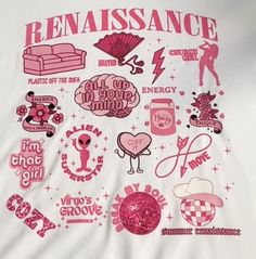 pink and white t - shirt with various stickers on it