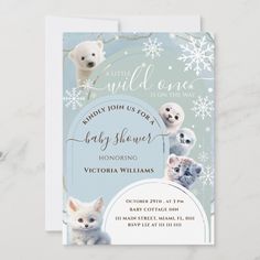 an animal themed baby shower with polar bears and snowflakes on the background, is shown