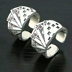 Very Nice Ring For Anyone Who Loves Playing Card Games & Gambling. Has The Ace, King, Queen, Jack, & 10 Cards On Front Of Ring. The Ace, The Queen, & The Jack Have Red Jewels To Represent The Card Values. This Ring Would Make A Great Gift For Someone Else & It Would Even Make An Awesome Addition To Your Own Jewelry Collection. Card Ring, Mens Fashion Vintage, Vintage Punk, Bagan, Enamel Ring, Unisex Ring, Fashion Couple, Playing Card, Open Ring