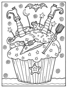 a cupcake with candles, stars and candy on it coloring page for kids to color