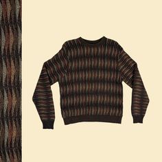 Vintage M men's crewneck sweater, manufactured circa 1990s - early 2000s by Haggar. This sweater has an abstract wavy brown and grey pattern.   - Time Period: c. 1990s  - Brand: Haggar  - Size: M  - Colors: Brown (various hues - some more red/orange toned), grey  - Materials: 75% cotton, 25% acrylic  - Made in: El Salvador  - Condition: In good, vintage condition w/ some minor fraying throughout, and minor fading/discoloration down one of the arms (see hand with photos).  Measurements:   - Armpi Retro Jacquard Knit Sweater For Fall, Retro Brown Sweater For Fall, Casual Brown Jacquard Knit Sweater, Fitted Brown Crew Neck Sweater, Brown Fitted Jacquard Knit Sweater, Fitted Brown Jacquard Knit Sweater, Brown Relaxed Fit Sweater For Winter, Retro Brown Crew Neck Sweater, Brown Crew Neck Sweater For Fall