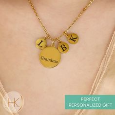 Twinkle like the star you are with our Custom Grandma Personalized Necklace, a sparkling tribute to the matriarch of warm hugs and secret recipes. Lovingly handcrafted, it's more than just decoration--it's a golden echo of those cherished "grandma and me" times. Adorned with your grandbabies' initials and the date you were crowned 'Grandma,' it's the elegant companion to your everyday heroics. Fashioned with the finest materials that endure beyond the playtime giggles and garden adventures, this necklace is as enduring as your storied wisdom. It rests proudly on a gray distressed card, boldly declaring 'Grandma'--because 'family historian' just wouldn't fit--and that significant date when you began your reign as the cookie queen and bedtime story sovereign. Clasp this beauty around your ne Customizable Gold Charm Necklace For Birthday, Gold Charm Necklace For Birthday And Valentine's Day, Customizable Gold Charm Necklaces For Birthday, Adjustable Charm Necklace For Birthday And Mother's Day, Customizable Charm Necklaces For Anniversary Gift, Adjustable Charm Necklaces For Birthday And Mother's Day, Gold Hypoallergenic Charm Necklaces For Birthday Gift, Hypoallergenic Gold Charm Necklaces For Birthday Gift, Hypoallergenic Gold Charm Necklace For Birthday