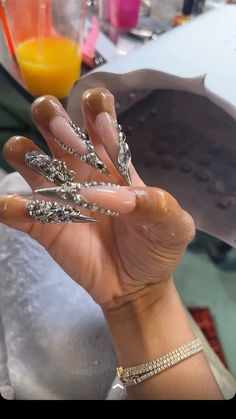 Full Diamond Nails, Baddie Duck Nails, Gold Stilletos Nails, Baddie Stiletto Nails, Stiletto Birthday Nails, Stiletto Acrylics, Long Duck Nails, Stiletto French Tip, Black Acrylic Nails