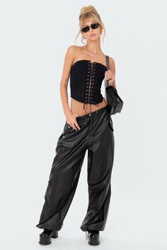 Mia Faux Fur Knitted Off Shoulder Top – edikted Black Lace Corset Outfit, Leather Cargos, Lace Corset Outfit, Front Lace Up Corset, Best Cargo Pants, Leather Cargo Pants, Coachella 2023, Black Lace Corset, Corset Outfit