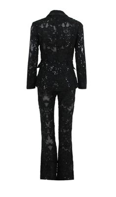 Make a bold statement with this black lace blazer and pant combo. Perfect for a night out - or you can even dress it down a bit for a more casual look. Be the envy of all your friends! Gentle Dry Clean Only Colour may vary due to lighting on images. The product images (without model) are closest to the true colour of the product.Item runs true to size chart and is cut to suit our size chart. Please refer to our size chart for the best fit. Do not size up or down. Party Tuxedo Pantsuit With Long Sleeves, Glamorous Sequined Suits For Night Out, Sequined Long Sleeve Suit For Night Out, Sequined Long Sleeve Suits For Night Out, Long Sleeve Sequined Suits For Night Out, Sequin Long Sleeve Suits For Night Out, Long Sleeve Suits For Night Out Party Season, Long Sleeve Suits For Night Out And Party Season, Long Sleeve Suits For Party Season