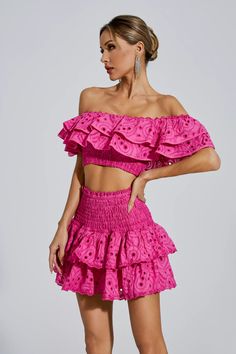 Dorothy Pink Floral Ruffle Off-Shoulder Set Summer Sets With Ruffle Hem And Fitted Design, Summer Sets With Fitted Ruffle Hem, Spring Ruffled Sets With Tiered Skirt, Feminine Summer Sets With Ruffles, Chic Fitted Off-shoulder Set, Feminine Ruffled Crop Top For Vacation, Fitted Off-shoulder Summer Set, Feminine Ruffled Sets For Parties, Fitted Ruffled Off-shoulder Top For Summer