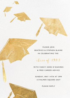 a graduation party card with gold foil on it