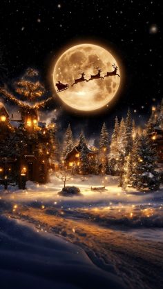 a night scene with santa's sleigh flying in the sky and full moon