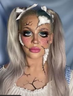 Scary Makeup Ideas Easy, Doll Makeup Halloween Scary, Haunted Doll Costume Makeup, Deadly Doll Makeup, Doll Halloween Makeup Creepy, Doll Face Makeup Halloween, Scary Doll Halloween Makeup, Killer Doll Makeup, Creepy Doll Halloween Makeup