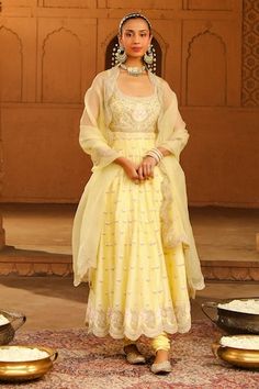 Lemon yellow silk chanderi anarkali with kashmiri tilla and parsi gara embroidery. Comes with glazed cotton churidar and a silk organza dupatta. - Aza Fashions Parsi Gara Embroidery, Gara Embroidery, Chanderi Anarkali, Chikankari Lehenga, Long Anarkali, Bridal Lehenga Red, Organza Dupatta, Silk Dupatta, Silk Organza