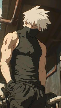 an anime character with white hair and no shirt, standing in front of a building