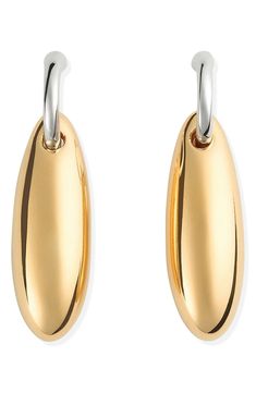 Bottega Veneta plays with the mixed-metal trend in these sculptural earrings featuring a tiny golden hoop that suspends an elongated sterling-silver orb. 1 5/8" drop; 3/8" width Post back 18k-gold plate/sterling silver Made in Italy Modern Yellow Gold Dangle Huggie Earrings, Contemporary Gold Hoop Earring, Gold Small Hoop Contemporary Earrings, Gold Dangle Hoop Earrings With Polished Finish, Gold Polished Dangle Hoop Earrings, Contemporary Yellow Gold Metal Earrings, Yellow Gold Metal Huggie Earrings With Polished Finish, Polished Yellow Gold Metal Earrings, Yellow Gold Oval Metal Earrings