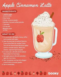 an apple cinnamon latte recipe on a red background