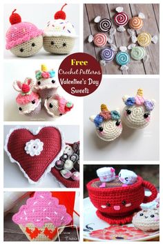 free crochet patterns for valentine's day gifts including cupcakes, mug cozyies and stuffed animals