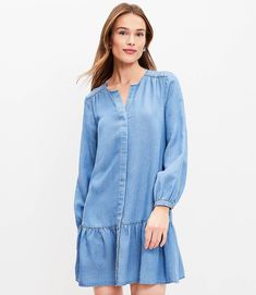 Chambray Flounce Dress Denim Dress Fall, Denim Chambray Dress, Chambray Shirt Dress, Flounce Dress, Womens Denim Dress, Tall Dresses, Flounced Dress, Chambray Dress, Woven Dress