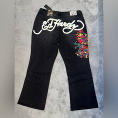 Lowrise Ed Hardy Jeans. 2000s Style Fit Brand New Womens Size 34 90s Black Graphic Print Bottoms, Jeans 2000s, Ed Hardy Jeans, 2000s Style, Womens Jeans Bootcut, Painted Jeans, Jeans Logo, Embellished Denim, Dark Denim Jeans