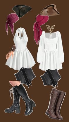 four different outfits with boots and hats on top of each other, all in white