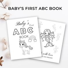 two baby's first abc book coloring pages next to flowers and seashells