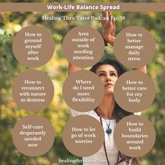 a woman with her hands up in the air, surrounded by circles that read work - life balance spread