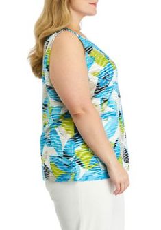 A subtle V-neckline and bright, bold print are showcased on this chic camisole from Kasper. | Kasper Women's Plus Size V-Neck Camisole, Azure, 1X Multicolor Printed V-neck Tank Top, Chic Camisole, Bold Prints, Plus Size, V Neck