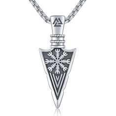 PRICES MAY VARY. ODIN'S GUNGNIR NECKLACE DESIGN -- Classic Odin's Gungnir conveys the feeling of divinity.High polished Arrow and ancient viking rune make the necklace magical. it not only enhances your personality, but also show the confidence of the wearer while embedding a striking impression. HYPOALLERGENIC MATERIAL -- The pendant made of 925 sterling silver,nickle-free, lead-free and low sensitivity, it comes with a stamp" s925" as a symbol of guaranteed product quality.the link chain fashi Vikings Jewelry, St Christopher Necklace, St Christopher Pendant, Silver Necklaces Women, White Jewelry Box, Viking Necklace, Necklace Design, Chain Fashion, Viking Jewelry