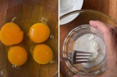 four eggs in a glass bowl, one being boiled and the other is uncooked