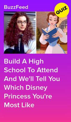 a woman with red hair and glasses in front of a purple background that says build a high school to attend and we'll tell you which disney princess you are most like