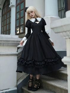 ❤︎Night Symphony Gothic Short Jacket + Long Suspender Dress + Sleeve❤︎ Victorian Child, Vtuber Ideas, Dark Punk, Vampire Girl, Cutout Style, Gothic Skirts, Goth Clothes, Royal Clothing, Black Ruffle Dress