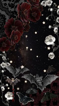 the bat is flying through the night sky with stars and flowers on it's side