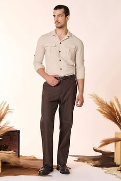 Ecru shirt in a solid base with side flap pockets. - Aza Fashions Beige Tops With Flap Pockets, Men Shirts Casual, Men Shirts, Pocket Shirt, S N, Lapel Collar, Aza Fashion, Flap Pocket, Casual Shirts