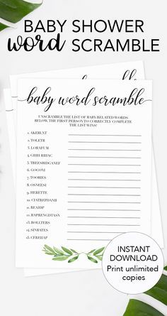 the baby shower word scramble printable is shown on top of a table with greenery