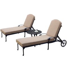 two chaise lounge chairs with wheels and table on each side, set against a white background