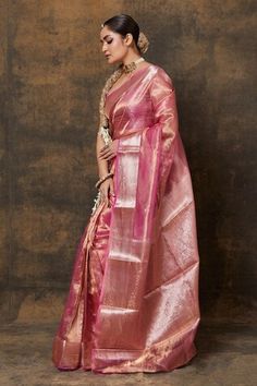 Onion pink saree with floral handwoven motifs on border. Comes with running blouse piece. - Aza Fashions Pink Cotton Silk Pre-draped Saree With Self Design, Pink Tissue Silk Pre-draped Saree With Self Design, Pink Cotton Silk Traditional Wear For Transitional Season, Transitional Pink Cotton Silk Traditional Wear, Pink Slub Silk Pre-draped Saree With Dupatta, Pink Cotton Silk Pre-draped Saree For Wedding, Pink Handloom Pre-draped Saree In Tissue Silk, Pink Tissue Silk Handloom Pre-draped Saree, Pink Tissue Silk Pre-draped Saree Handloom