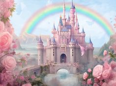 a castle with a rainbow in the background and pink flowers on the ground below it