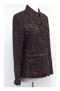 Size 8 Plum Tweed Jacket 65% alpaca 16% cotton 13% polyamide 6% polyacrylique Collared Lightly padded shoulders Buttons down front 2 decorative flapover chest pockets 2 front open hip pockets w/button detail 3-button detailed sleeve openings Shoulder to shoulder 16.25" Shoulder to hem 26" Tailored Tweed Jacket With Flap Pockets For Fall, Fitted Tweed Outerwear With Patch Pockets, Office Tweed Outerwear With Pockets, Winter Tweed Jacket With Pockets For Office, Tweed Outerwear With Flap Pockets For Work, Winter Office Tweed Jacket With Pockets, Winter Tweed Blazer With Patch Pockets, Winter Tweed Blazer With Pockets, Fall Brown Tweed Jacket With Flap Pockets