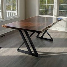 Jasper Table on Steel Double Y Legs - Loewen Design Studios Black Walnut Table, Live Edge Tables, Walnut Table Top, Custom Tables, Walnut Live Edge, Wood Table Design, Hardwood Table, Steel Dining Table, Big Table