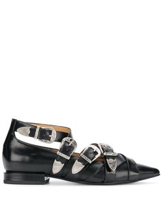 Black leather and patent leather buckled pointed loafers from Toga Pulla. Pointed Loafers, Shoe Story, Toga Pulla, Shoe Obsession, Miu Miu Ballet Flats, Leather Buckle, Loafer Shoes, Patent Leather, Fall Outfits