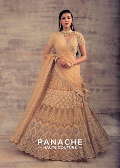 Beige Gold Wedding Lehenga SERIYAH Traditional Fitted Wedding Dress With Drape, Traditional Fitted Wedding Dress With Pallu, Traditional Wedding Dress For Formal Festive Occasion, Traditional Formal Wedding Dress For Festive Season, Traditional Fitted Wedding Dress For Festive Occasion, Traditional Fitted Wedding Dress For Reception, Wedding Beige Choli With Cutdana, Traditional Formal Wedding Dress, Elegant Fitted Wedding Dress With Traditional Drape