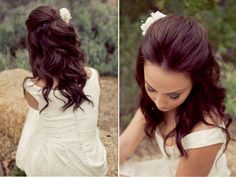 two pictures of a woman in white dress sitting on rocks and looking down at her hair