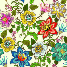 colorful flowers and leaves on a white background with blue, yellow, red, pink, green