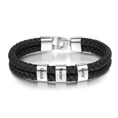 Personalized Engraved 3 Names Beads Bracelets is a rope bracelet made up of leather and is double layered bracelet which is black in color. It is adjustable as it has a hook which makes it fit for any size. It can be customized by engraving on the round silver color bead in the center. It is an ideal gift for men for any occasion as it comfortable as well as stylish. Features: Customized Type: NAME Gender: Men Metals Type: Stainless steel Bracelets Type: Charm Bracelets Material: Metal Setting T Gift Items For Men, Bracelets Braided, Customised Bracelets, Personalized Leather Bracelet, Mens Braids, Braided Leather Bracelet, Mens Leather Bracelet, Leather Bracelets, Black Braids